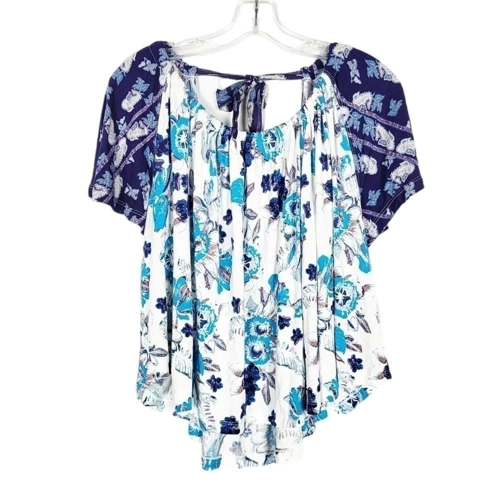 FREE PEOPLE Blue Floral Boho Baja Babe Open Tie Back Cold Shoulder NWT
